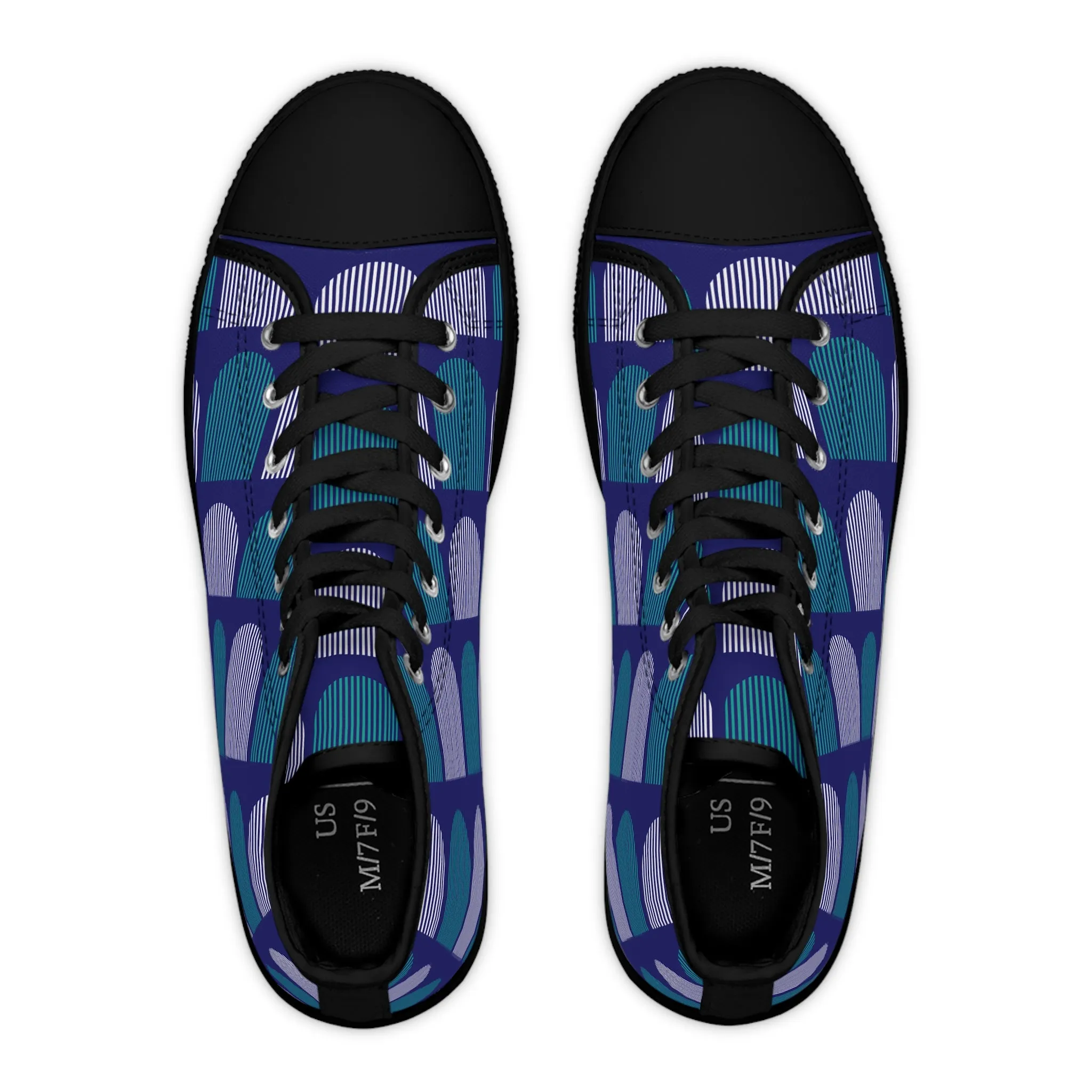 Women's High Top Canvas Sneakers - Teal and White Arcs