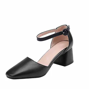 Womens Low Mid Square Heel Ankle Strap Sandal Shoes