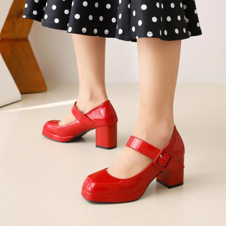 Women's Platform Pumps Glossy Square Toe Mary Janes Buckle Straps Block Chunky Heel