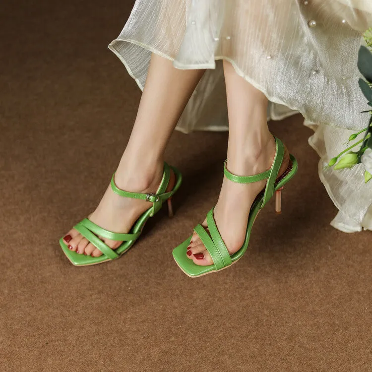 Women's Square Toe Ankle Strap Stiletto High Heel Sandals